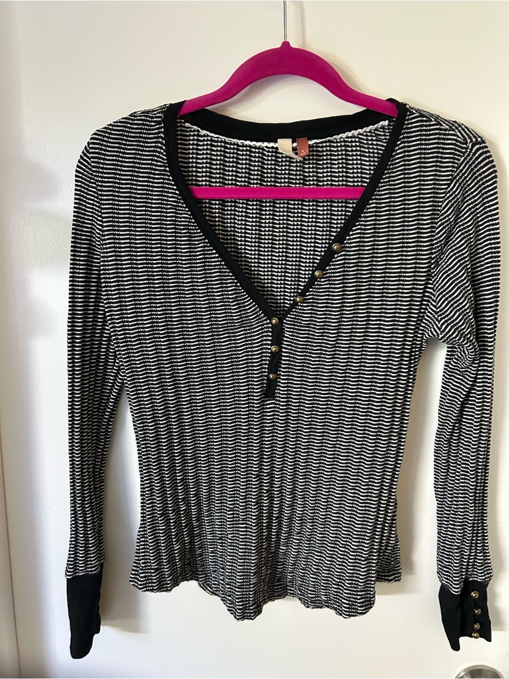 Pilcro Black and White Long Sleeve Henley with Gold Buttons